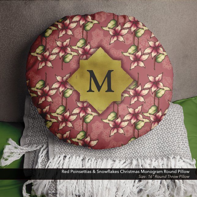 Cojín Redondo Monograma de Navidades de Poinsettias Rojas y Copo (Christmas Throw Pillow with Red Poinsettias and Snowflakes, and a Gold Monogram - Size: 16" Round)