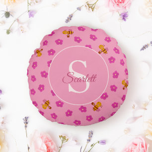 Cojín Redondo Monograma de nombre de abeja y flores de acuarela