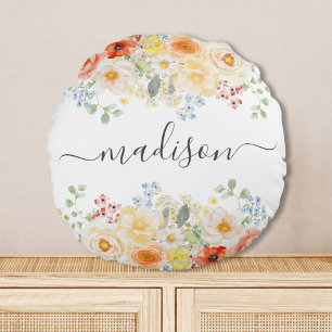 Cojín Redondo Monograma de nombre personalizado acuarela floral 
