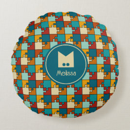 Cojín Redondo Monograma de patrón de rompecabezas de rompecabeza