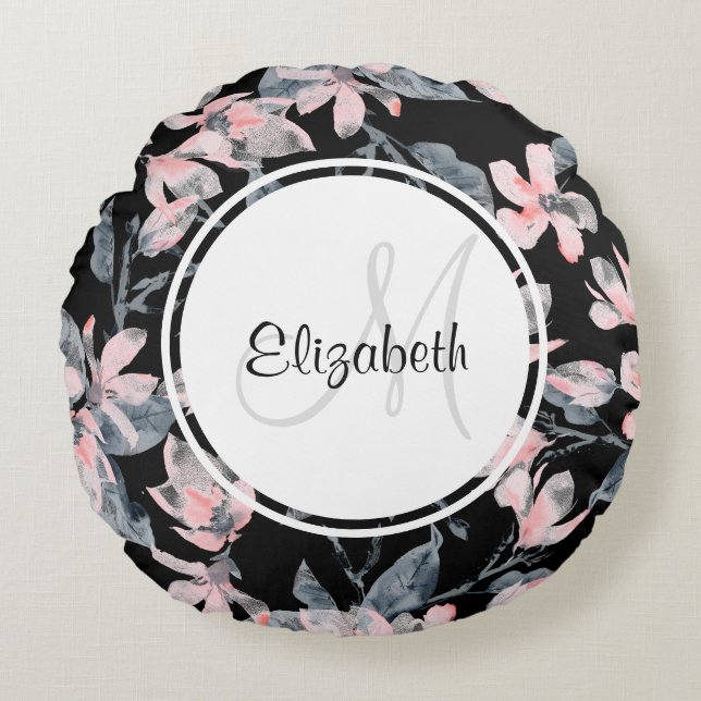 Cojín Redondo Monograma del patrón acuático floral rosa y gris (Anverso)