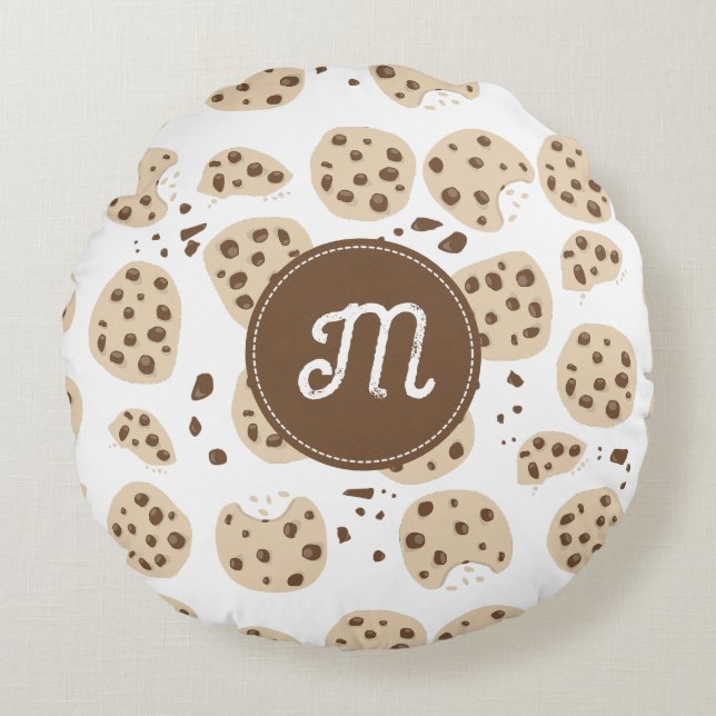 Cojín Redondo Monograma del patrón de las cookies de chocolate (Anverso)