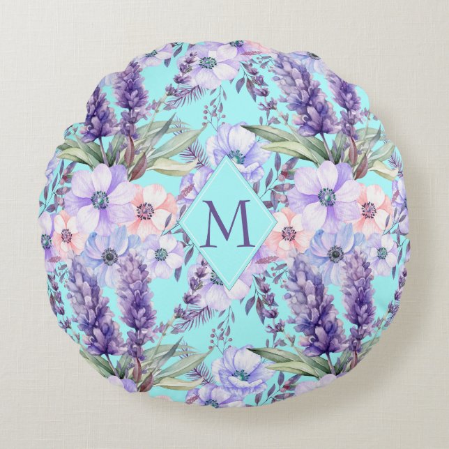 Cojín Redondo Monograma del patrón de primavera floral turquesa (Anverso)