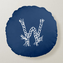 Cojín Redondo Monograma del personalizado blanco azul con nudos 