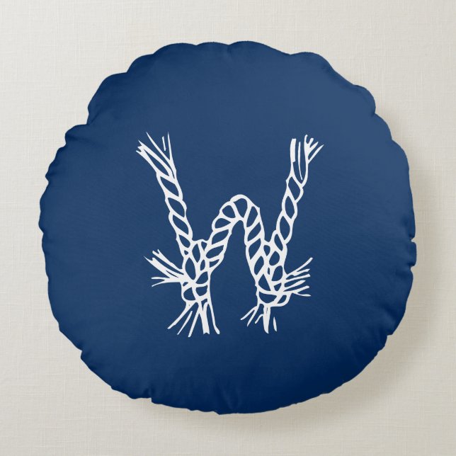 Cojín Redondo Monograma del personalizado blanco azul con nudos  (Anverso)