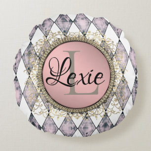 Cojín Redondo Monograma elegante de Rubor Harlequin rosa