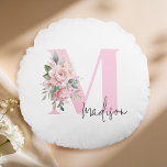 Cojín Redondo Monograma elegante moderno con nombre inicial de f<br><div class="desc">Crea tu propia almohada tipográfica personalizada con una letra personalizado monograma inicial con un elegante ramo floral de acuarela y diseño de tipografía moderna.</div>