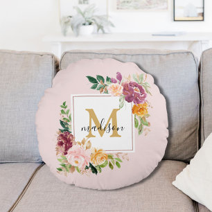 Cojín Redondo Monograma Elegante Rosas Florales Botánicas Acuare