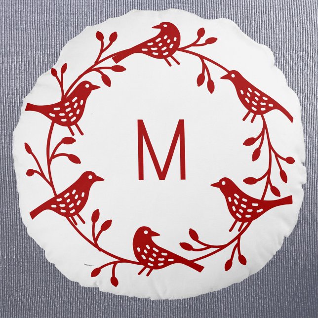 Cojín Redondo Monograma Escandinavo de Pájaro (Personalized monogram initial red and white Scandinavian style bird wreath round pillow)