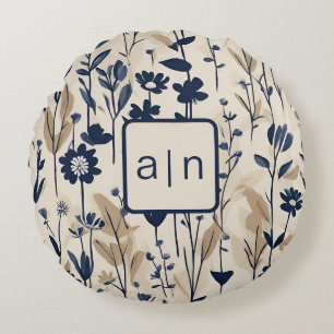 Cojín Redondo Monograma Floral Azul Moderno