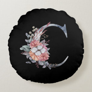 Cojín Redondo Monograma floral azul personalizado C