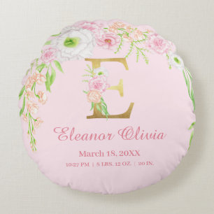 Cojín Redondo Monograma Floral Elegante Estadísticas de Bebé