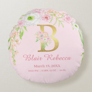 Cojín Redondo Monograma Floral Rosa Estadísticas de Bebé