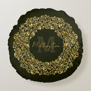 Cojín Redondo Monograma Gold Damask de lujo