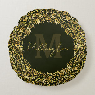 Cojín Redondo Monograma Gold Damask de lujo