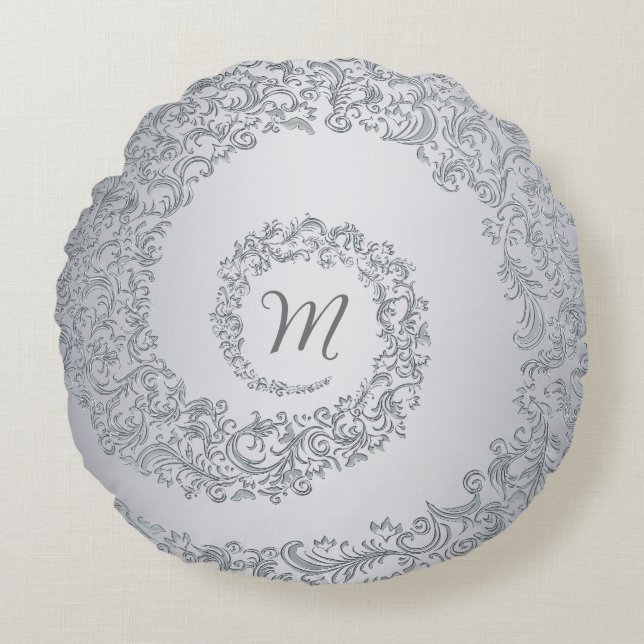 Cojín Redondo Monograma Gray Damask (Anverso)