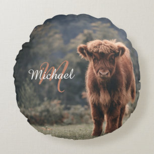 Cojín Redondo Monograma inicial de ternera bovina de montaña de