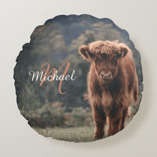 Cojín Redondo Monograma inicial de ternera bovina de montaña de  (Anverso)