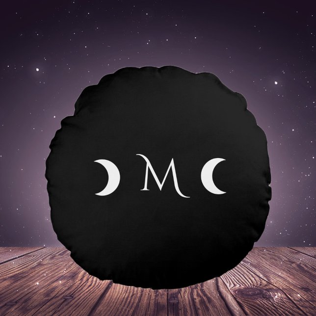 Cojín Redondo Monograma moderno de luna creciente negro y blanco (Subido por el creador)