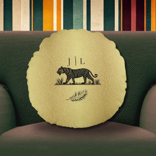 Cojín Redondo Monograma negro de patrón elegante