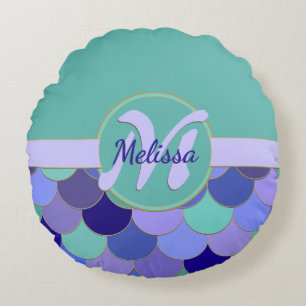 Cojín Redondo Monograma + Nombre Púrpura y Aqua Verde azulado