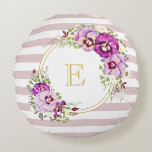 Cojín Redondo Monograma Pansias Vintage Florales en Rayas Púrpur