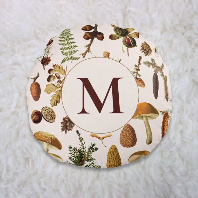 Cojín Redondo Monograma Patrón de tesoros de bosques de pino (In situ)