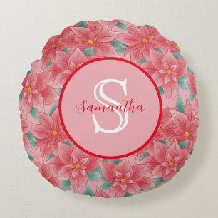 Cojín Redondo Monograma Personalizada de Poinsettia Rosa Lindo