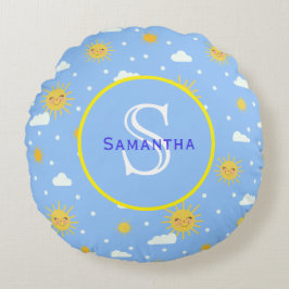 Cojín Redondo Monograma personalizado del sol azul y amarillo