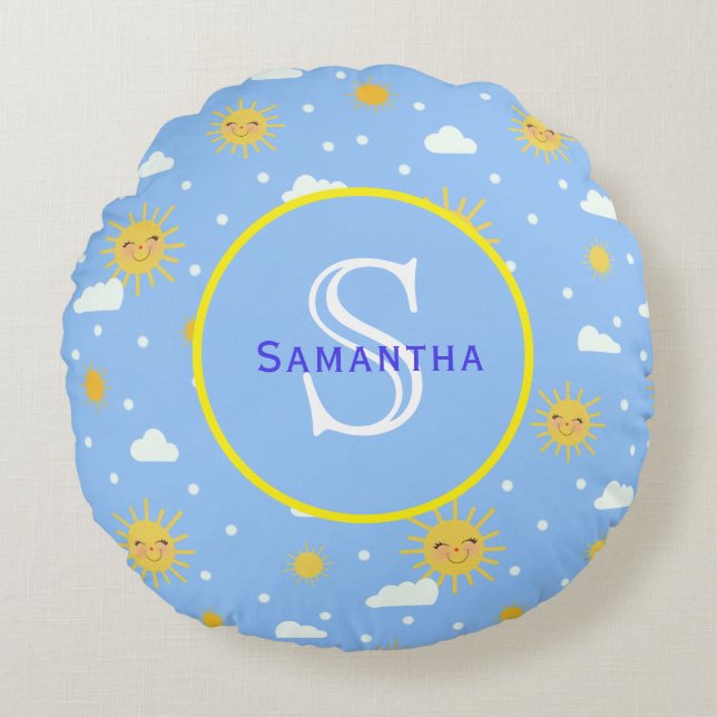 Cojín Redondo Monograma personalizado del sol azul y amarillo (Anverso)