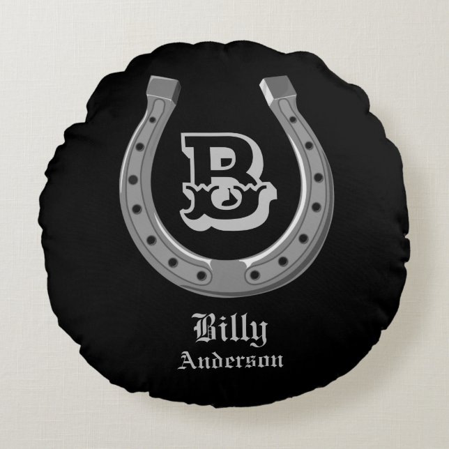 Cojín Redondo Monograma personalizado del zapato de caballo de v (Anverso)