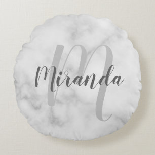 Cojín Redondo Monograma personalizado moderno y nombre mármol bl
