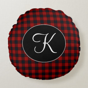 Cojín Redondo Monograma Personalizado Plaid Búfalo Rojo y Negro
