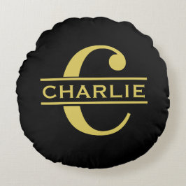Cojín Redondo Monograma Personalizado y Nombre Negro y Dorado