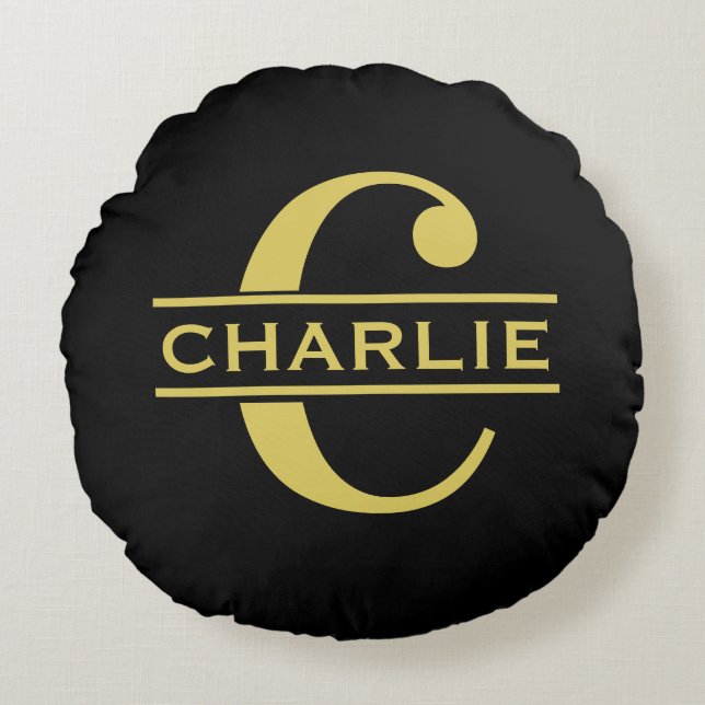 Cojín Redondo Monograma Personalizado y Nombre Negro y Dorado (Anverso)