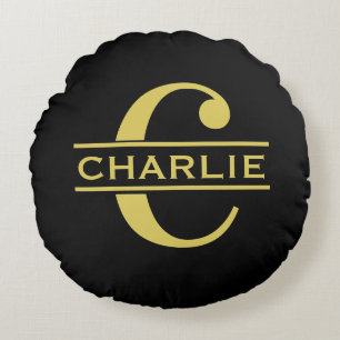 Cojín Redondo Monograma Personalizado Y Nombre Negro Y Oro