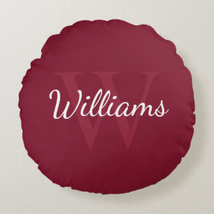 Cojín Redondo Monograma personalizado y nombre rojo borgoña