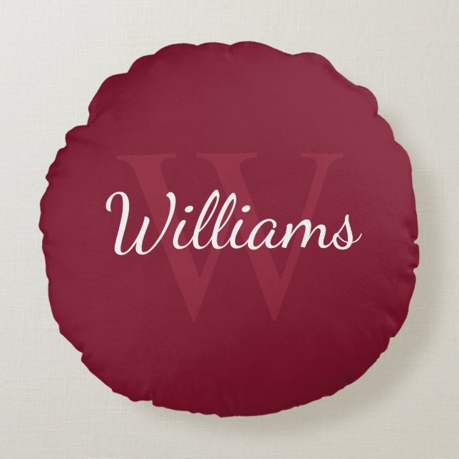 Cojín Redondo Monograma personalizado y nombre rojo borgoña (Anverso)