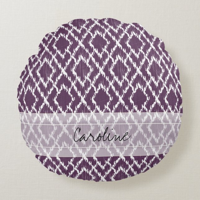 Cojín Redondo Monograma Pluma Púrpura Tríbal Ikat Patrón de Diam (Anverso)