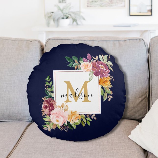 Cojín Redondo Monograma Rosa de acuarela elegante Botánica flora (In situ)