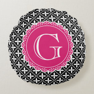 Cojín Redondo Monograma rosado caliente del patrón del Entramado