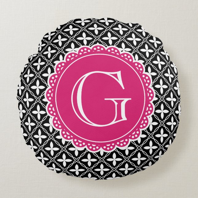 Cojín Redondo Monograma rosado caliente del patrón del Entramado (Anverso)