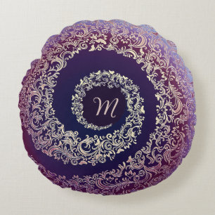 Cojín Redondo Monograma Royal Purple & Gold Damask