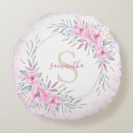 Cojín Redondo Monograma Rubor Flores rosas color de agua elegant