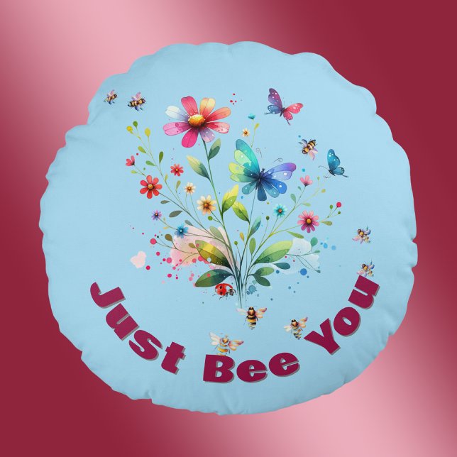 Cojín Redondo Monograma simple de acuarela floral sobre azul (Subido por el creador)