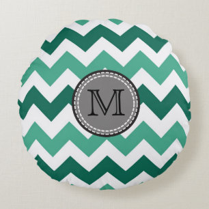 Cojín Redondo Monograma Turquesa y Mint Chevron Zigzag