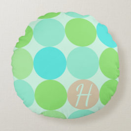 Cojín Redondo Monograma verde azul turquesa y círculo Naranja