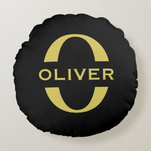 Cojín Redondo Monograma Y Nombre Negro Y Oro Personalizados