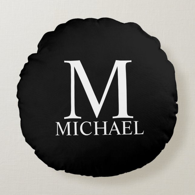 Cojín Redondo Monograma y Nombre Personalizados Negros (Anverso)