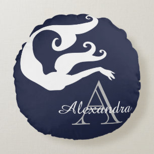 Cojín Redondo Monogramado azul de la Marina Blanca